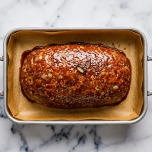 A loaf of chicken meatloaf, baked and topped with a layer of ketchup, placed on parchment paper inside a metal baking pan on a marble countertop.