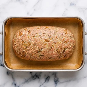raw ground chicken meatloaf mixture, shaped into a uniform loaf and resting on brown parchment paper inside a metal baking pan over a marble countertop.