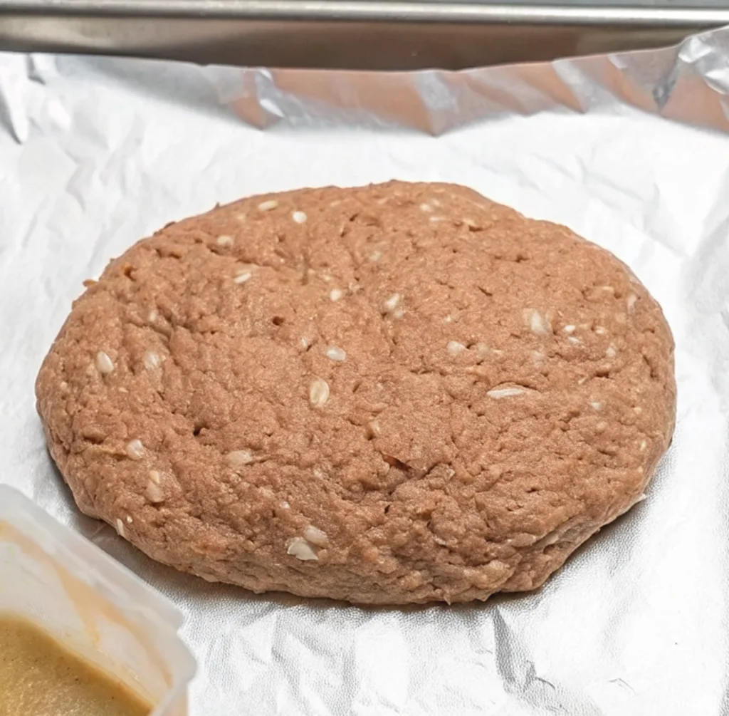 A patty of uncooked, mixed ground chicken meatloaf mixture, formed into a round shape and placed on a baking sheet lined with crinkled aluminum foil, ready for glazing and baking.