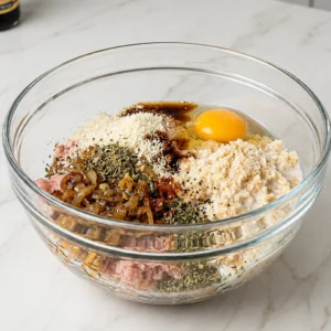 A glass bowl filled with the ingredients for chicken loaf—including ground meat, caramelized onions, breadcrumbs, spices, eggs, and Worcestershire sauce—ready to be mixed.