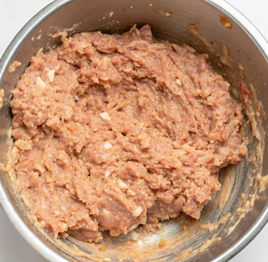A stainless steel mixing bowl holds the fully combined raw chicken meatloaf recipe mixture, showing the smooth, pale pink ground meat texture with visible chunks of onion or other ingredients.
