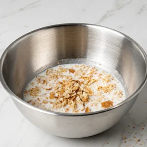 Bread crumbs and milk in a stainless steel mixing bowl placed on a white marble countertop