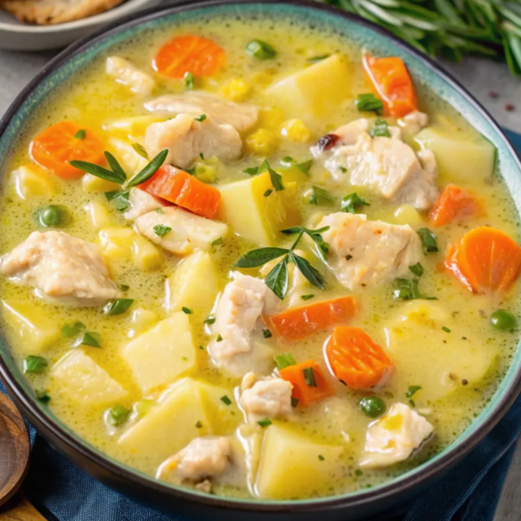 bowl of hearty chicken and potato soup, featuring large chunks of chicken, bright orange carrots, yellow potatoes, and garnished with fresh parsley in a creamy, yellow broth.