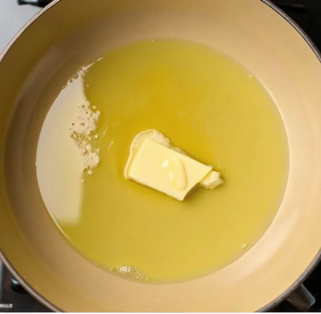 A knob of butter melting in hot oil in a light-colored saucepan