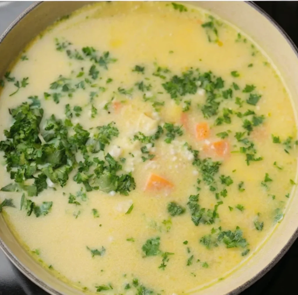 creamy yellow soup topped generously with freshly chopped parsley, containing visible chunks of carrots, signifying the finished chicken and potato soup.