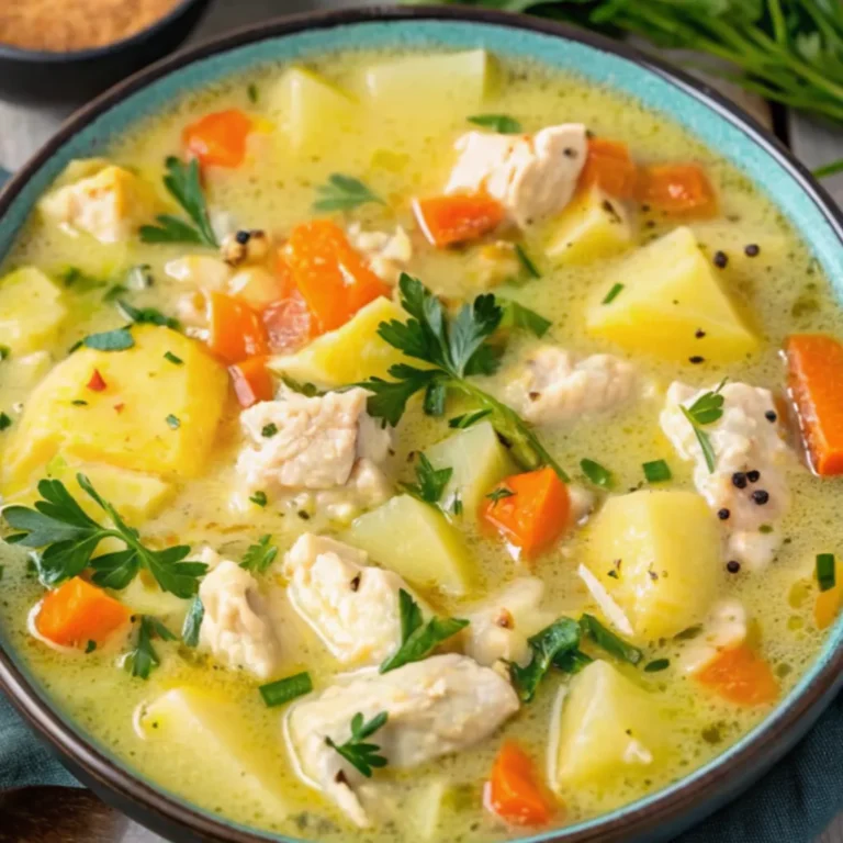 bowl of hearty chicken and potato soup, featuring large chunks of chicken, bright orange carrots, yellow potatoes, and garnished with fresh parsley in a creamy, yellow broth.