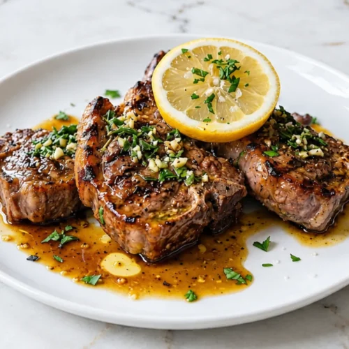 Juicy grilled lamb chops with char marks, topped with chopped garlic, fresh herbs, and a lemon wedge on a white plate.