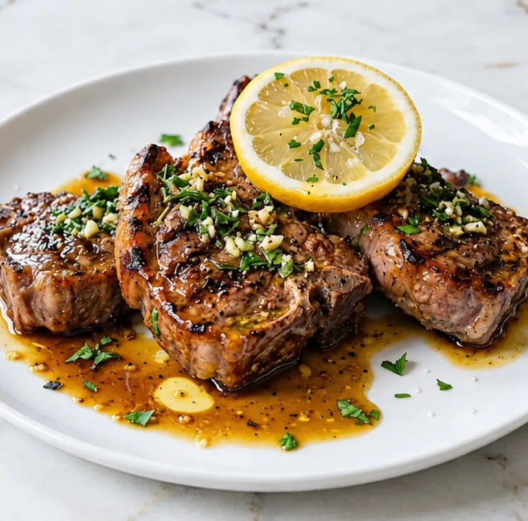 Juicy grilled lamb chops with char marks, topped with chopped garlic, fresh herbs, and a lemon wedge on a white plate.
