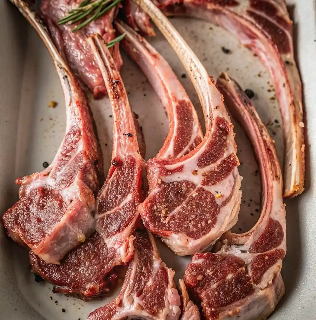 six raw lamb rib chops, sometimes called a lamb rack, neatly arranged in a white dish. The meat is lightly seasoned with salt and pepper and features long, exposed rib bones.