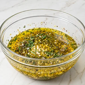 Clear glass mixing bowl filled with homemade herb marinade combining golden olive oil, minced garlic, fresh rosemary needles, black pepper, and sea salt on a marble countertop.
