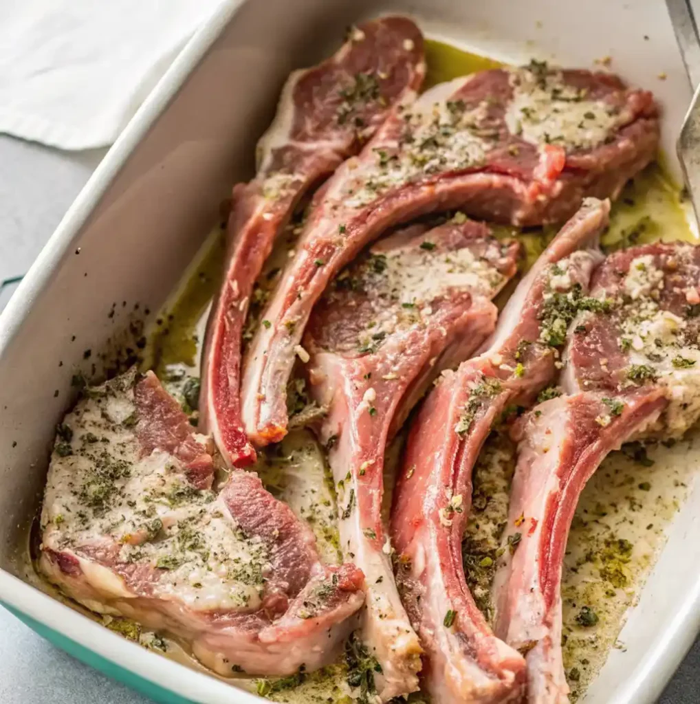 Raw, thick-cut lamb chops, including both rib and loin cuts, are resting in a light-colored marinade of olive oil, herbs, and spices inside a white and teal rectangular baking dish, preparing for grilling.
