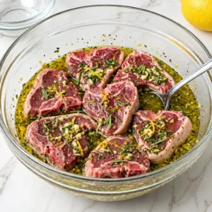 Raw lamb loin chops soaking in an herb garlic marinade with olive oil, fresh rosemary, and lemon zest inside a clear glass mixing bowl on a marble countertop.