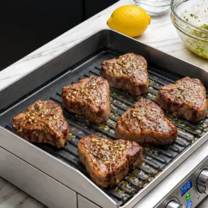 Six thick, seasoned lamb loin chops searing on a stainless steel indoor electric grill top, displaying light grill marks and minced garlic coating next to a fresh lemon.