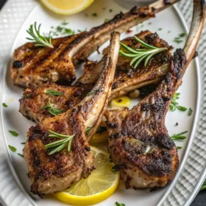 A close-up of four Grilled Lamb Chops with deeply seared crusts is presented on a white platter. The chops are garnished with fresh rosemary sprigs and placed over bright yellow lemon slices and chopped chives.