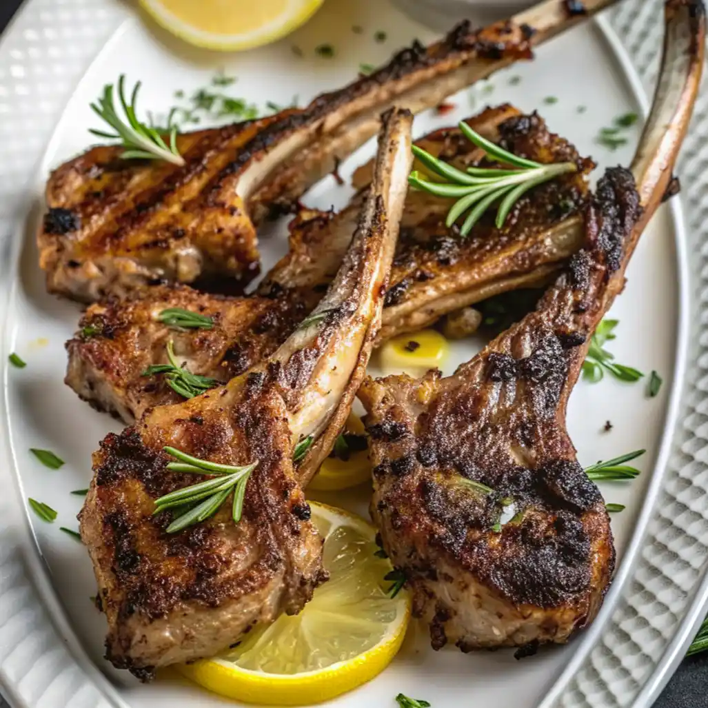 A close-up of four Grilled Lamb Chops with deeply seared crusts is presented on a white platter. The chops are garnished with fresh rosemary sprigs and placed over bright yellow lemon slices and chopped chives.