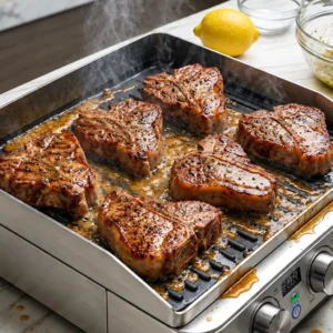 Six thick, seasoned lamb loin chops searing on a stainless steel indoor electric grill top, displaying light grill marks and minced garlic coating next to a fresh lemon.