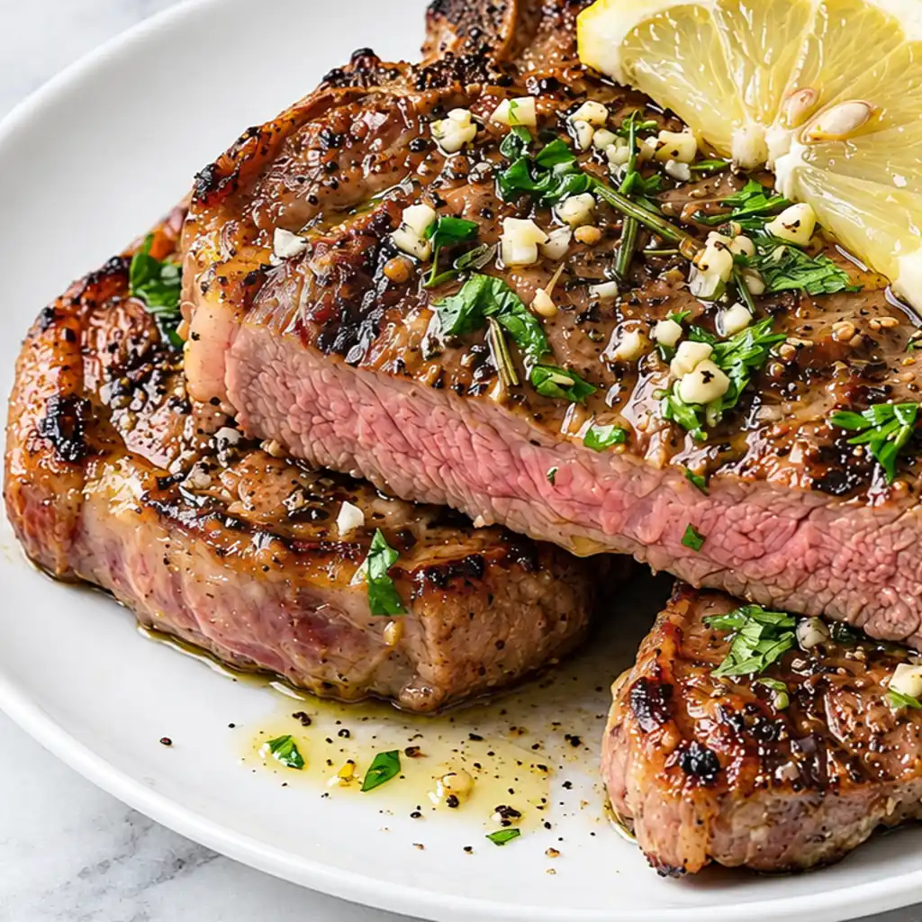 Juicy grilled lamb chops with char marks, topped with chopped garlic, fresh herbs, and a lemon wedge on a white plate.