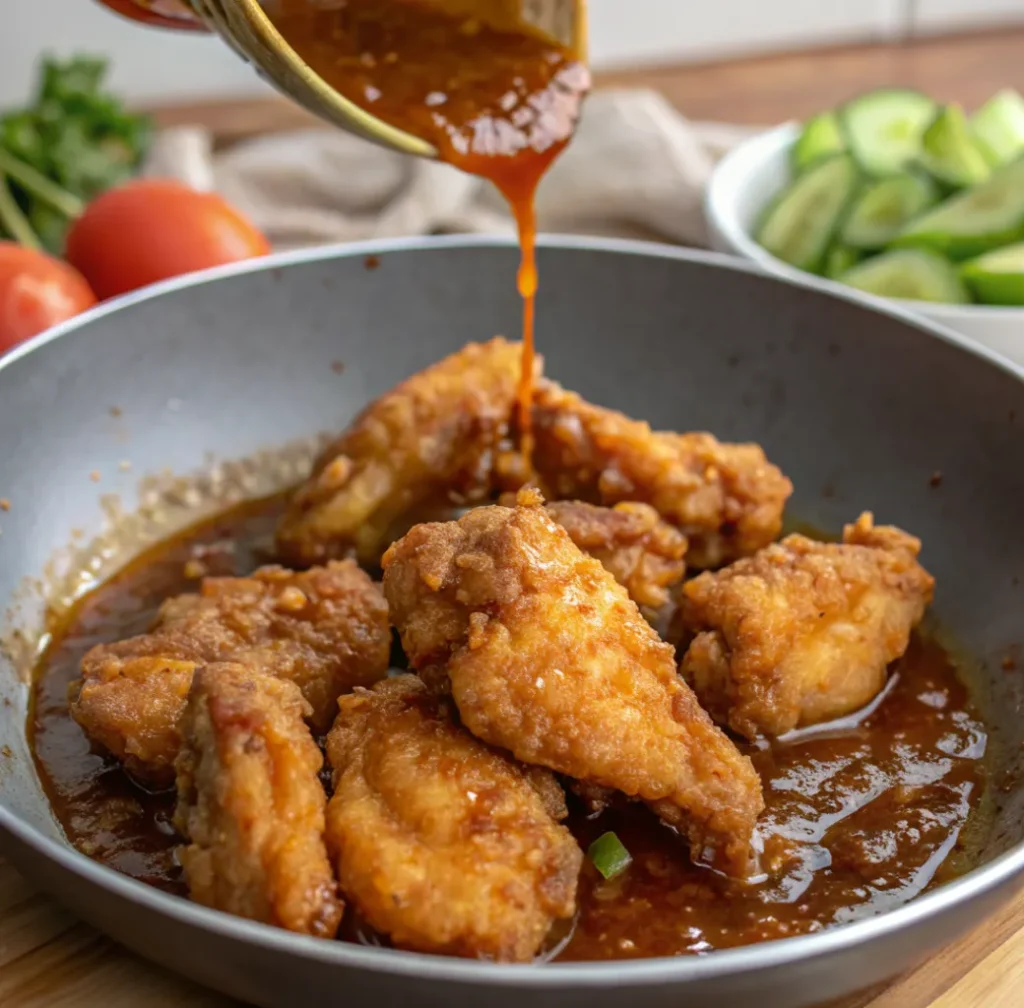 Close-up of crispy, golden-brown chicken pieces being generously drizzled with a thick, glossy honey-chipotle sauce in a metal pan