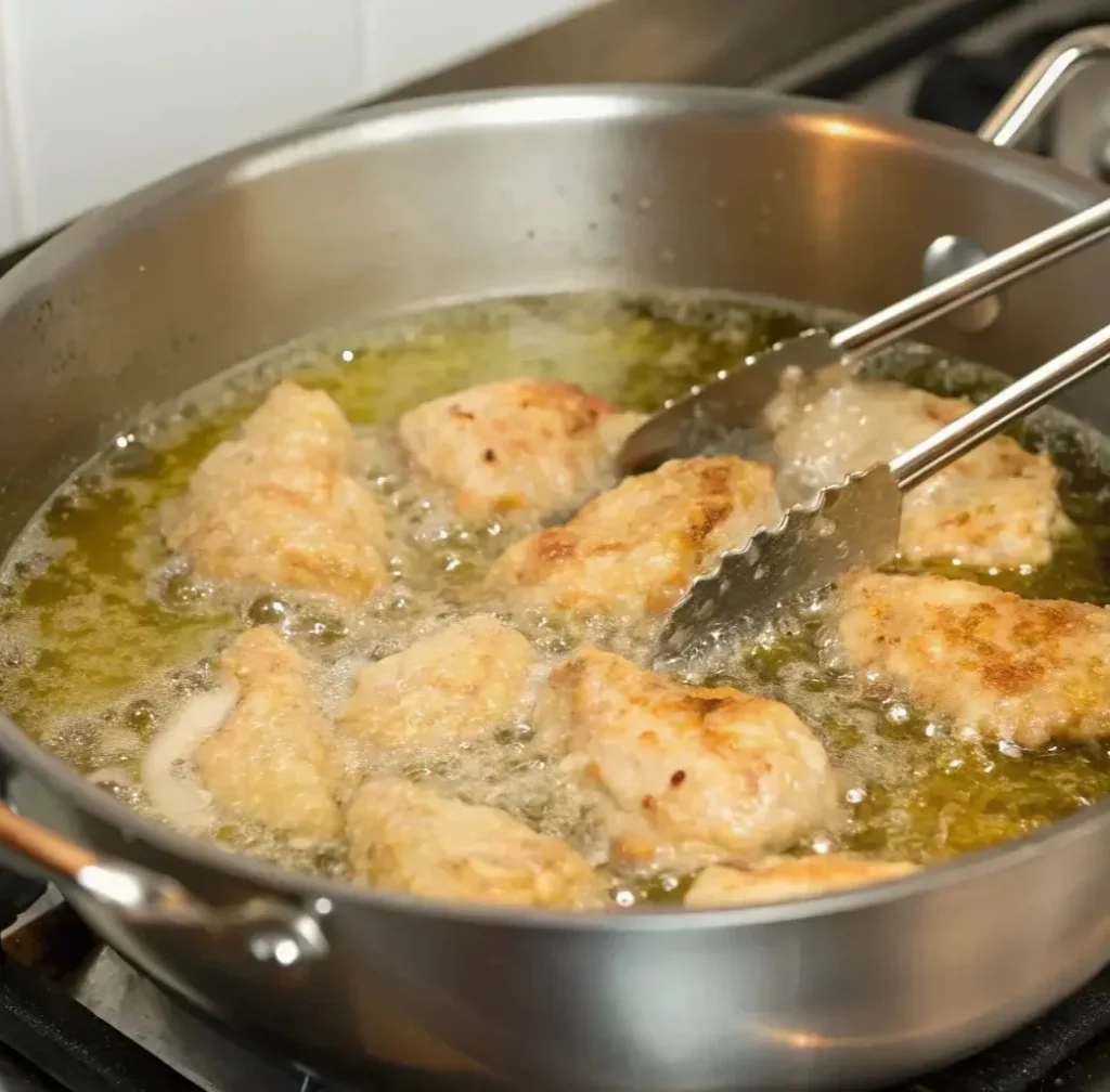 several battered chicken pieces bubbling and frying in a wide stainless steel pan filled with hot oil, with a pair of metal tongs turning one of the pieces.