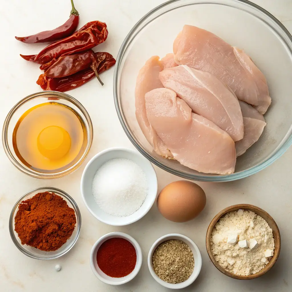 A flat lay of ingredients including raw chicken breasts, dried red chilies, egg, honey/oil, sugar, paprika, chili powder, other spices, and flour mix, for Honey Chipotle Chicken Crispers.