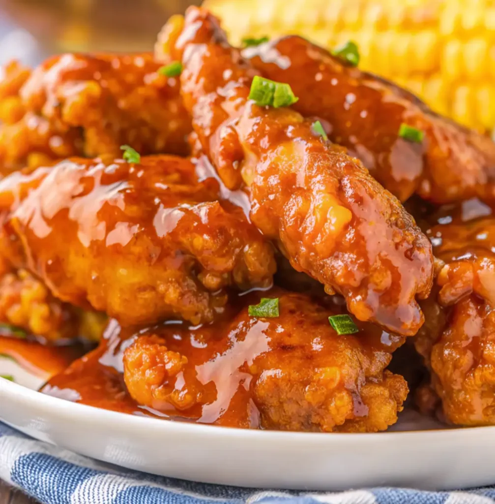 serving plate a Honey Chipotle Chicken Crispers piled high with golden-brown, crispy chicken strips lavishly coated in a thick, sweet, and spicy honey-chipotle glaze and garnished with chopped green onions