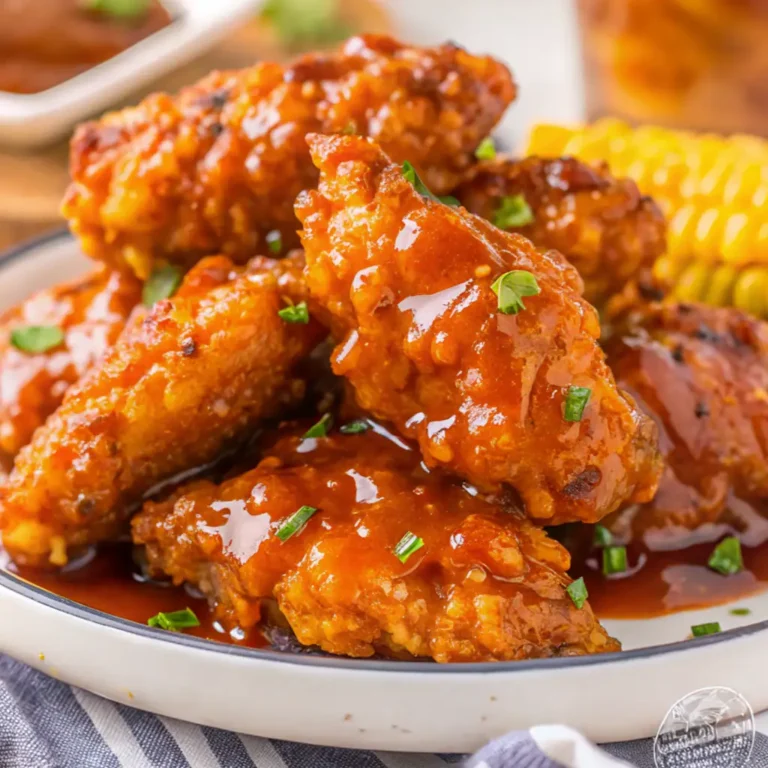 serving plate a Honey Chipotle Chicken Crispers piled high with golden-brown, crispy chicken strips lavishly coated in a thick, sweet, and spicy honey-chipotle glaze and garnished with chopped green onions