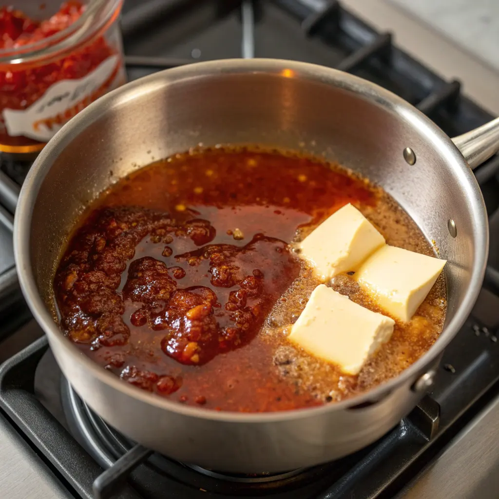 stainless steel saucepan on a gas stovetop containing a bubbling spicy, dark red sauce likely the chipotle base and three cubes of butter