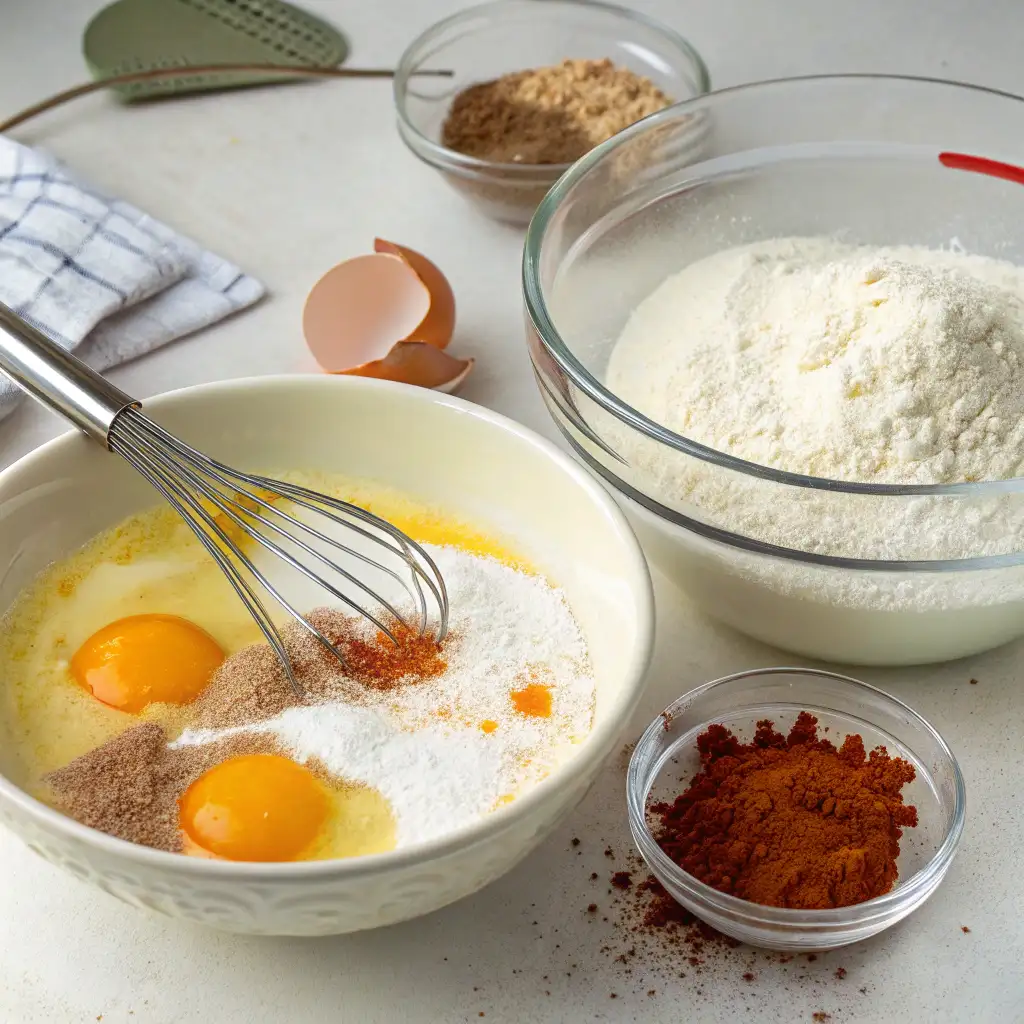 featuring a large bowl of flour, a small bowl with spices, and a whisk resting in a bowl containing two egg yolks, spices, and other wet/dry ingredients.