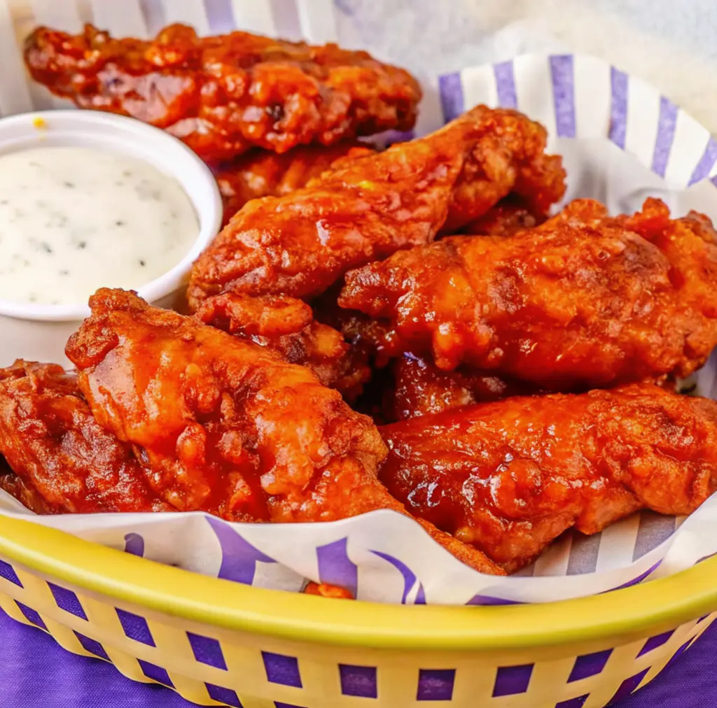serving plate a Honey Chipotle Chicken Crispers piled high with golden-brown, crispy chicken strips lavishly coated in a thick, sweet, and spicy honey-chipotle glaze