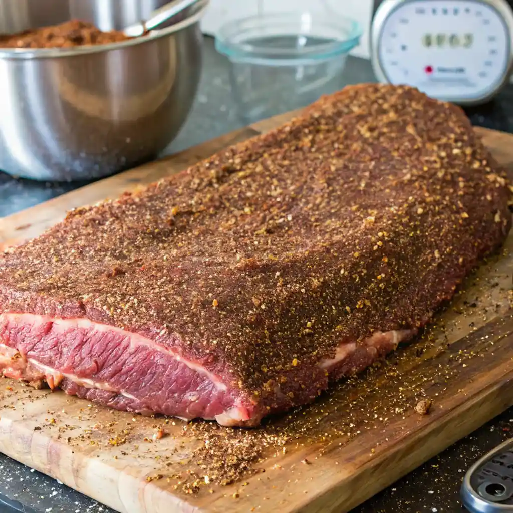 A raw brisket flat, heavily coated with a brown dry rub seasoning, rests on a wooden cutting board, ready for a pellet grill smoker.