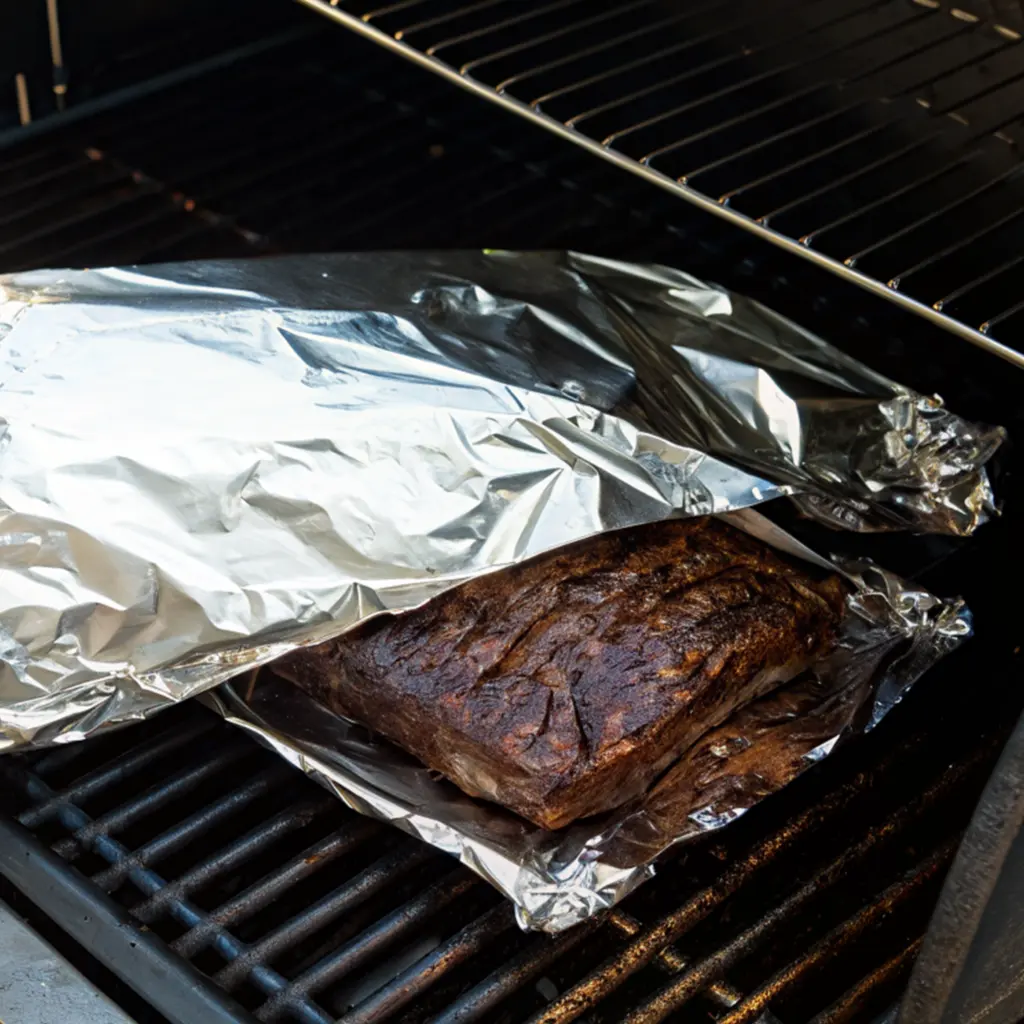 Wrap the well-smoked brisket with its dark crust in aluminium foil and place it on the smoker to finish cooking and retain moisture.