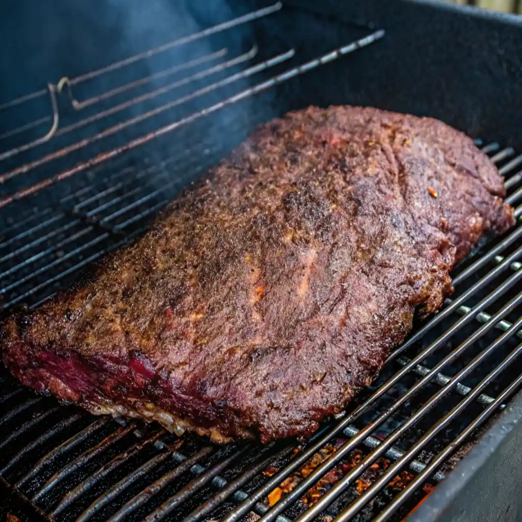 The large, seasoned piece of brisket took on a deep, dark brown colour and distinct red smoke marks during smoking.