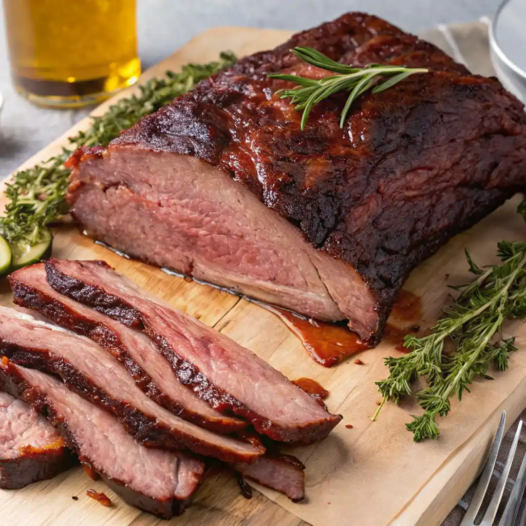 A perfectly Smoke a Brisket on a Pellet Grill, sliced to show the moist pink meat, red smoke ring, and dark bark, served on a cutting board with fresh herbs.