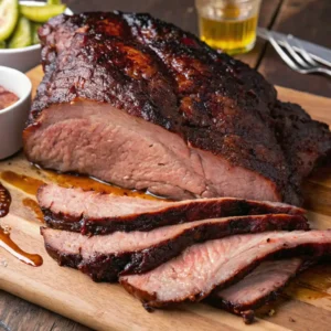 A juicy, sliced Smoke a Brisket on a Pellet Grill showing the moist pink interior and dark mahogany bark, served on a wood board with barbecue sauce and pickles.