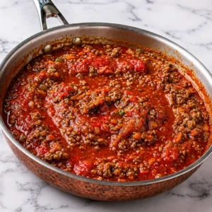 Rich lamb Bolognese sauce simmering in a stainless steel pan with a copper base, featuring minced meat, diced vegetables, and crushed tomatoes on a marble background.