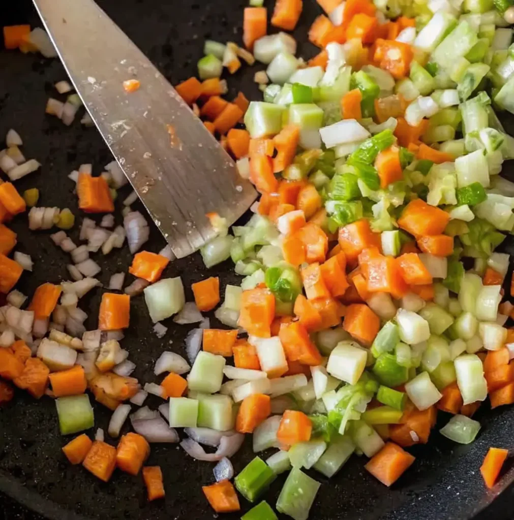 finely diced carrots, celery, and onions being sautéed in a black pan, stirred with a metal spatula as the beginning step for making Lamb Bolognese.