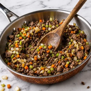 Browned ground lamb cooked with diced carrots, celery, and onions in a stainless steel skillet, with a wooden spoon resting inside on a marble countertop.