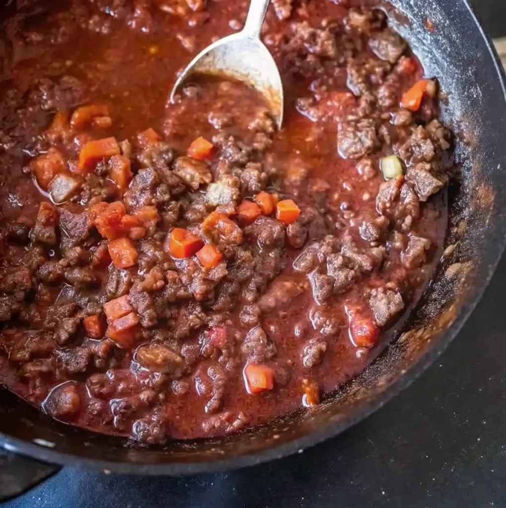 rich Lamb Bolognese sauce simmering in a black pan, stirred by a silver spoon. The sauce contains dark ground lamb, tomatoes, and visible diced carrots and celery.
