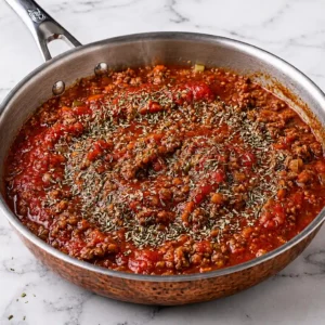 Rich lamb Bolognese sauce sprinkled with dried herbs, simmering in a stainless steel skillet with a copper base on a marble countertop.