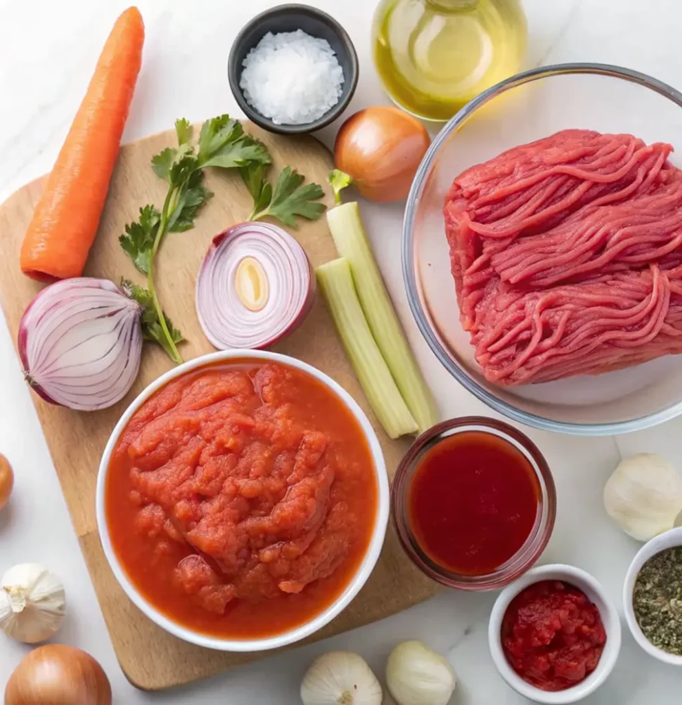 ingredients for a rich Lamb Bolognese sauce, including ground meat, crushed tomatoes, onions red and yellow, carrot, celery, garlic, oil, salt, and various herbs.