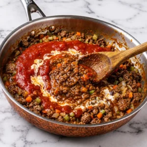 Crushed tomatoes and a swirl of cream are added to cooked ground lamb and vegetables, stirring with a wooden spoon in a skillet on a marble surface.