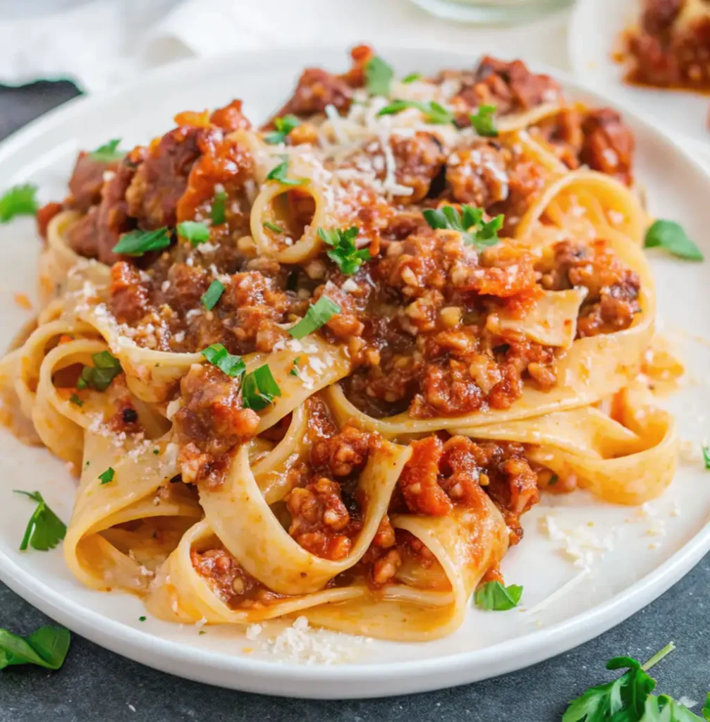 A white plate holds wide fettuccine pasta generously coated in rich, meaty Lamb Bolognese sauce. It is garnished with grated Parmesan cheese and fresh chopped parsley, ready to serve.