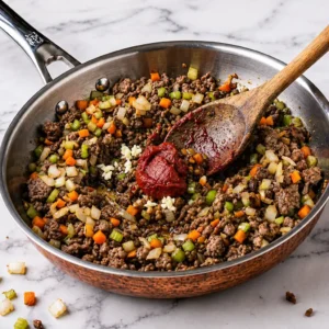Browned ground lamb, diced carrots, and celery are being stirred with tomato paste and minced garlic in a copper-bottomed stainless steel pan, sitting on a marble countertop.