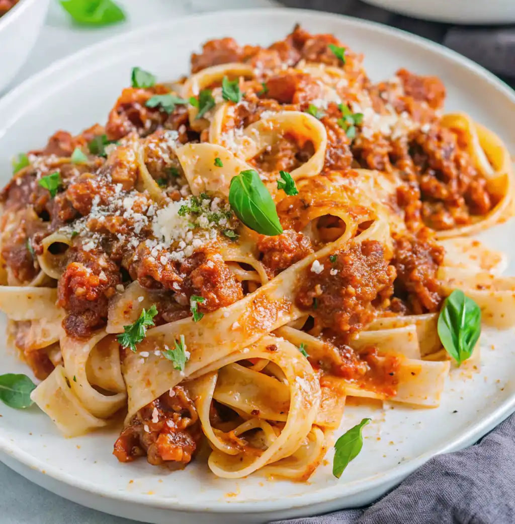 A white plate holds wide fettuccine pasta generously coated in rich, meaty Lamb Bolognese sauce. It is garnished with grated Parmesan cheese and fresh chopped parsley, ready to serve.