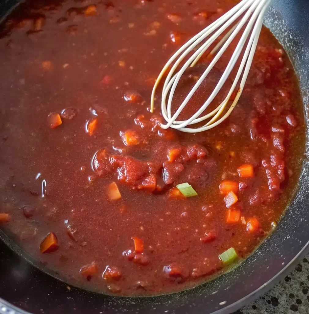 A deep red, simmering Lamb Bolognese sauce is shown in a black pan, being stirred with a white wire whisk. The rich sauce base contains crushed tomatoes, and visible pieces of carrot and celery.