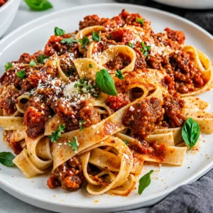 A plate of freshly served tagliatelle pasta tossed with rich lamb Bolognese sauce, garnished with grated Parmesan cheese and chopped fresh parsley.