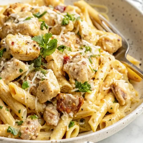 creamy, white ceramic bowl filled with Marry Me Chicken Pasta Recipe. Penne pasta and cubed chicken are coated in a rich, velvety sauce, sprinkled with Parmesan cheese and fresh parsley.