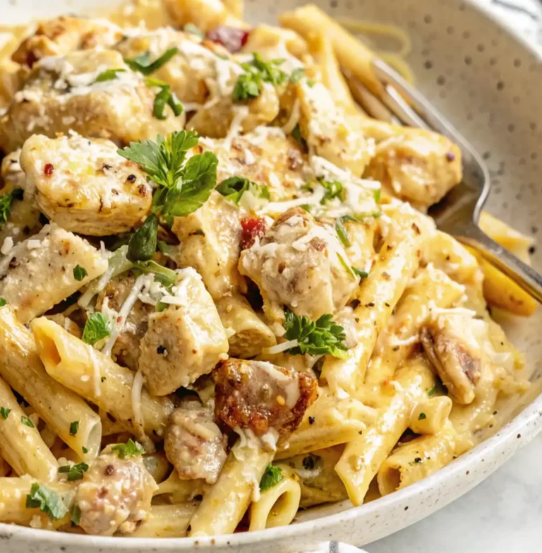 creamy, white ceramic bowl filled with Marry Me Chicken Pasta Recipe. Penne pasta and cubed chicken are coated in a rich, velvety sauce, sprinkled with Parmesan cheese and fresh parsley.