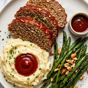 Slices of glazed Meatloaf Recipe with Oatmeal served on a plate with mashed potatoes topped with gravy, roasted green beans with almonds, and a side of sauce.