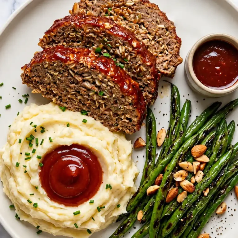 Slices of glazed Meatloaf Recipe with Oatmeal served on a plate with mashed potatoes topped with gravy, roasted green beans with almonds, and a side of sauce.